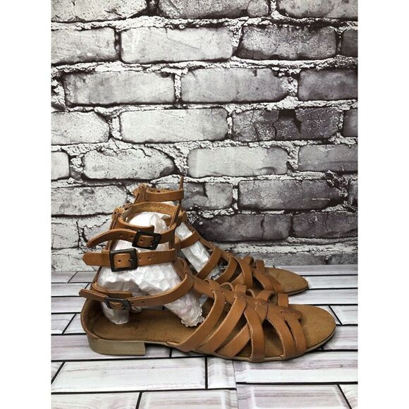 B You Brown Leather Gladiator Back Zipper Flat Sandals Women’s Sz 39EU/8.5M US - Picture 6 of 16